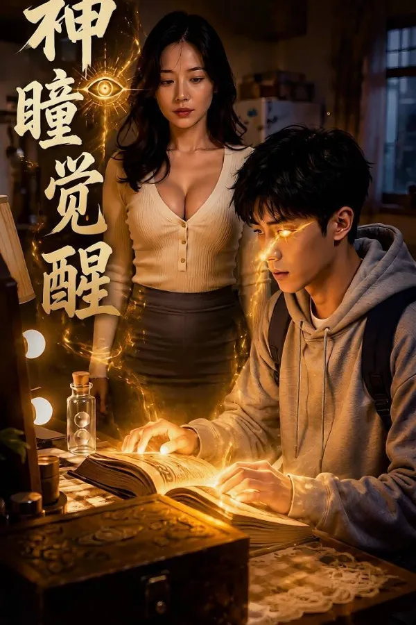 竖版剧集海报：少年在旧书桌前翻书，眼里透出金色光芒，身后站着一位长发女子