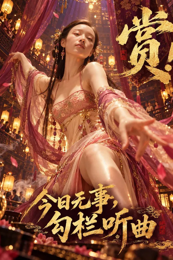 竖版剧集海报：金色宫殿里，古装女子回身伸手，神情从容
